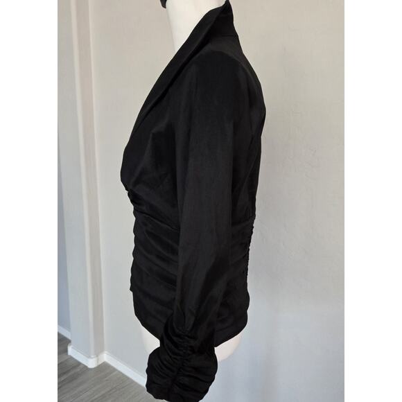 Tadashi Soji Stretch Taffeta Rouched Evening Cocktail Black Brooch Blouse Sz 8 - Picture 2 of 13